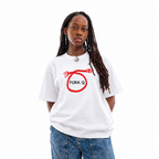 Fork Q white unisex graphic T-shirt — model view