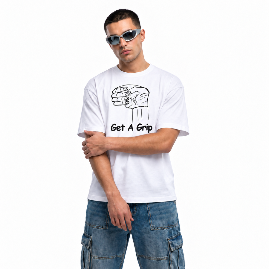 Get a Grip white unisex graphic T-shirt — model view