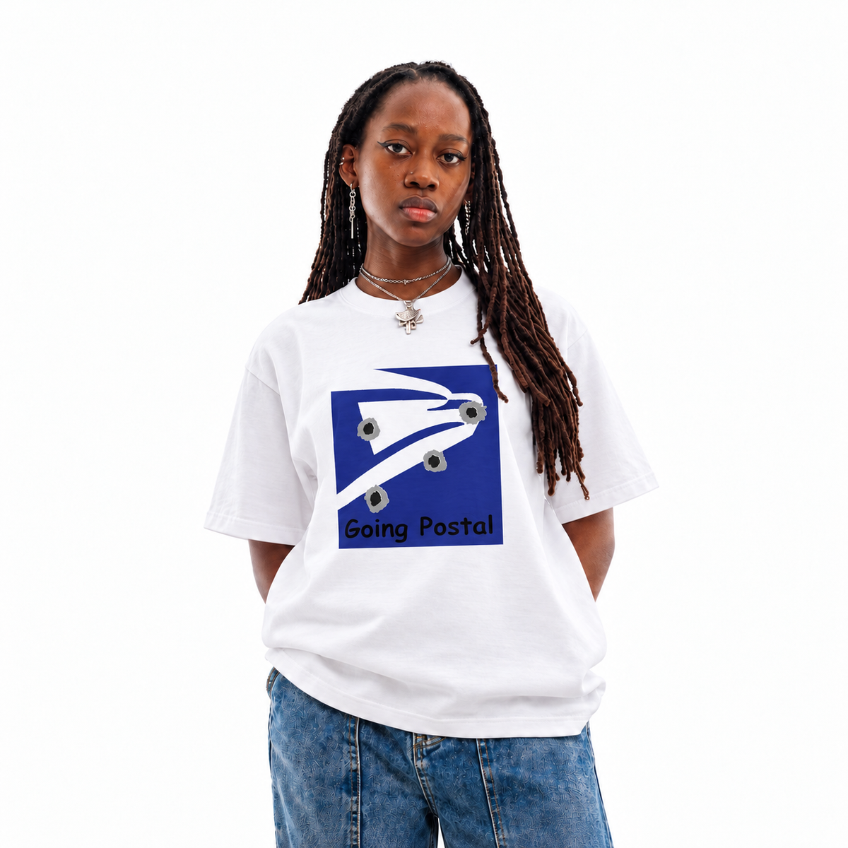 Going Postal white unisex graphic T-shirt — model view