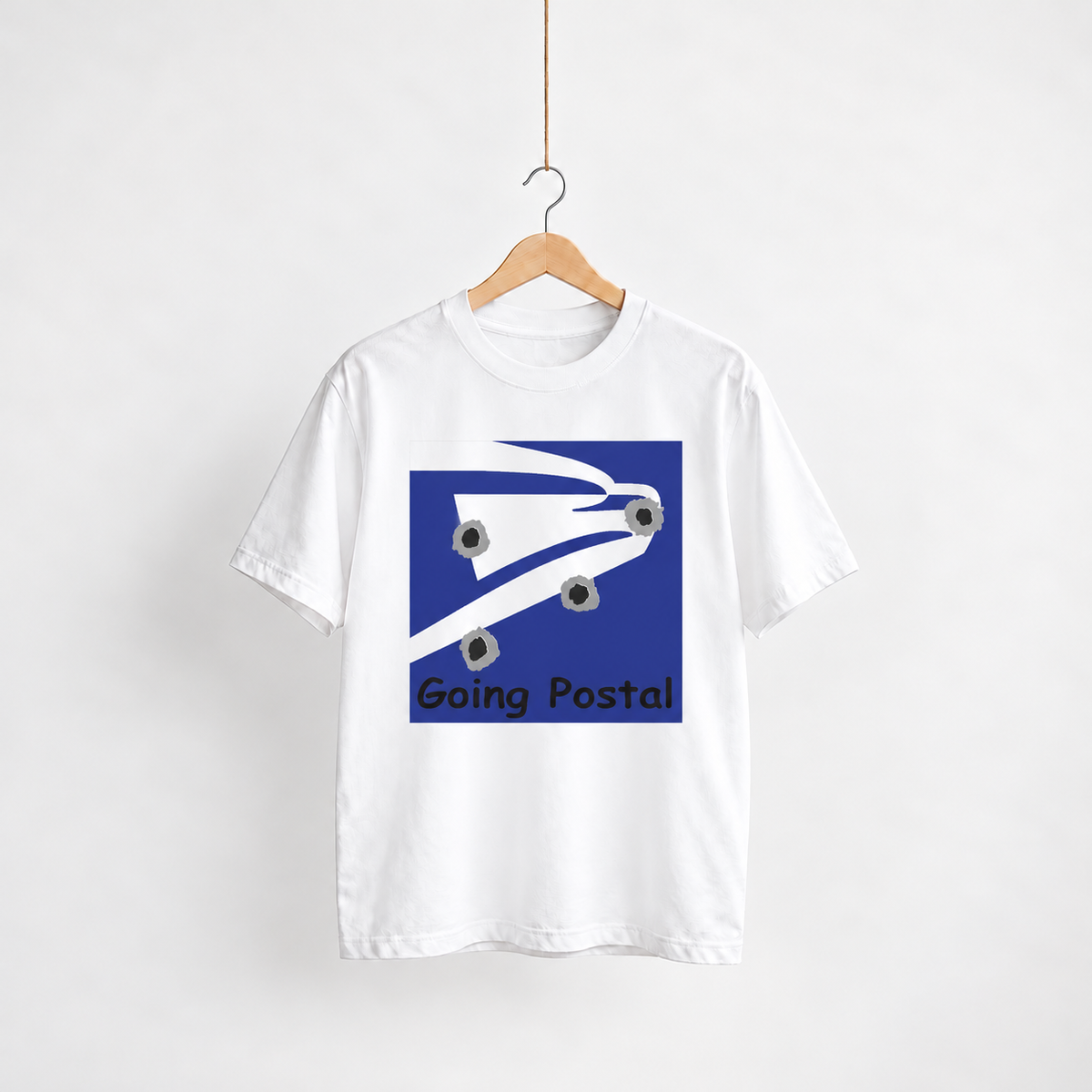 Going Postal white unisex graphic T-shirt — front view on a hanger