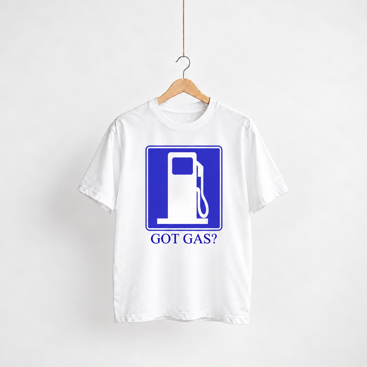 Got Gas? white unisex graphic T-shirt — front view on a hanger
