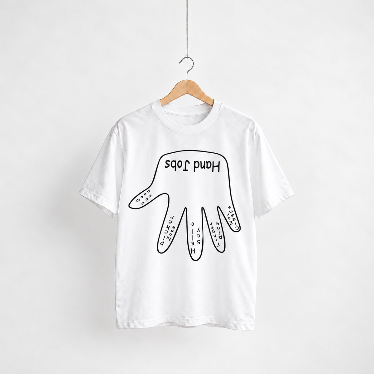 Hand Jobs white unisex graphic T-shirt — front view on a hanger