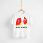High Stakes white unisex graphic T-shirt — front view on a hanger