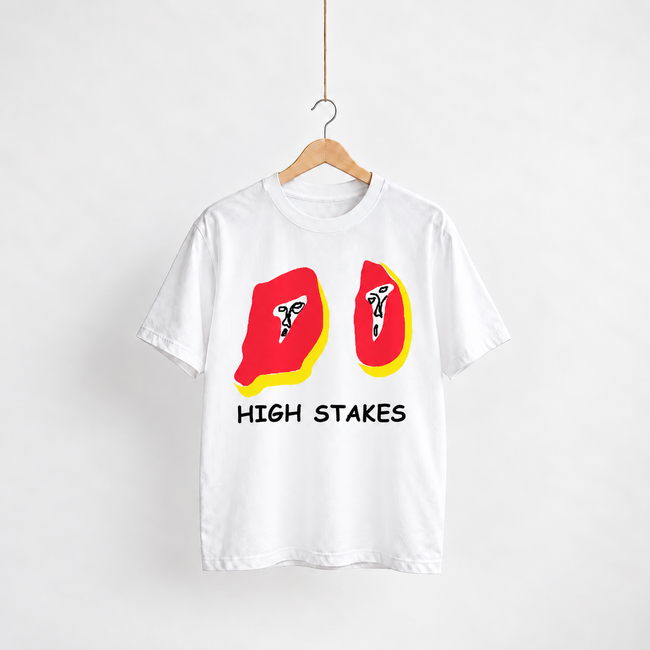 High Stakes white unisex graphic T-shirt — front view on a hanger
