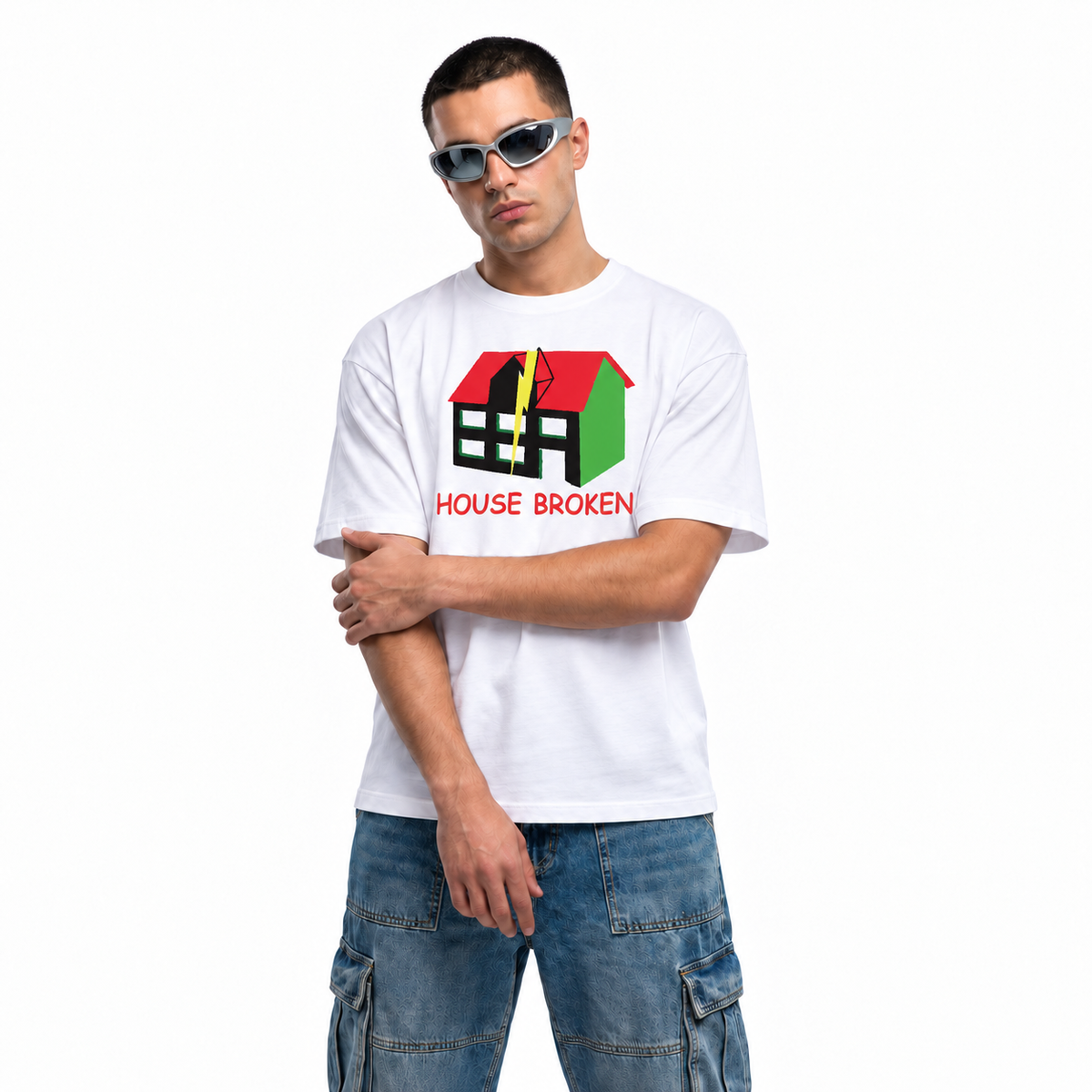 House Broken white unisex graphic T-shirt — model view