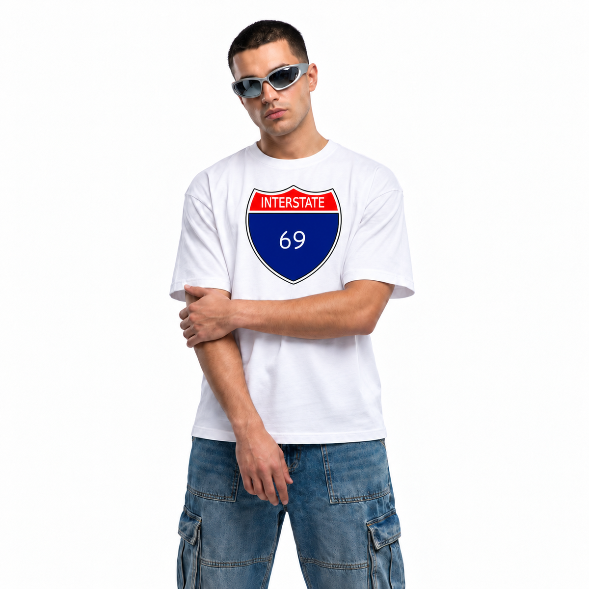 Highway 69 white unisex graphic T-shirt — model view