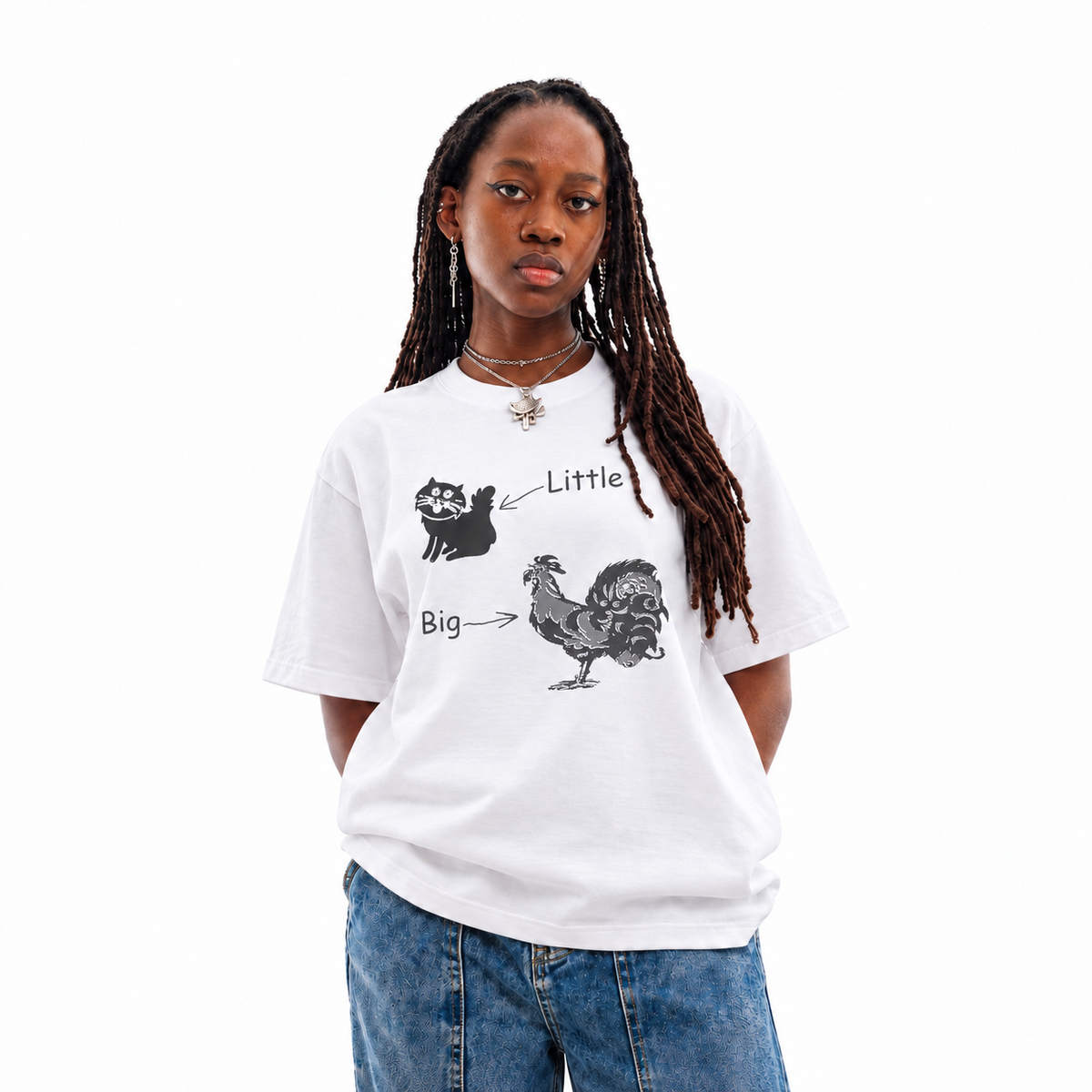 Little Pussy Big Cock white unisex graphic T-shirt — model view