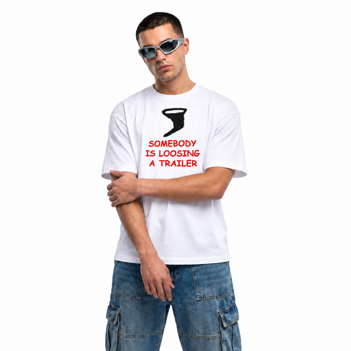 Losing a Trailer white unisex graphic T-shirt — model view