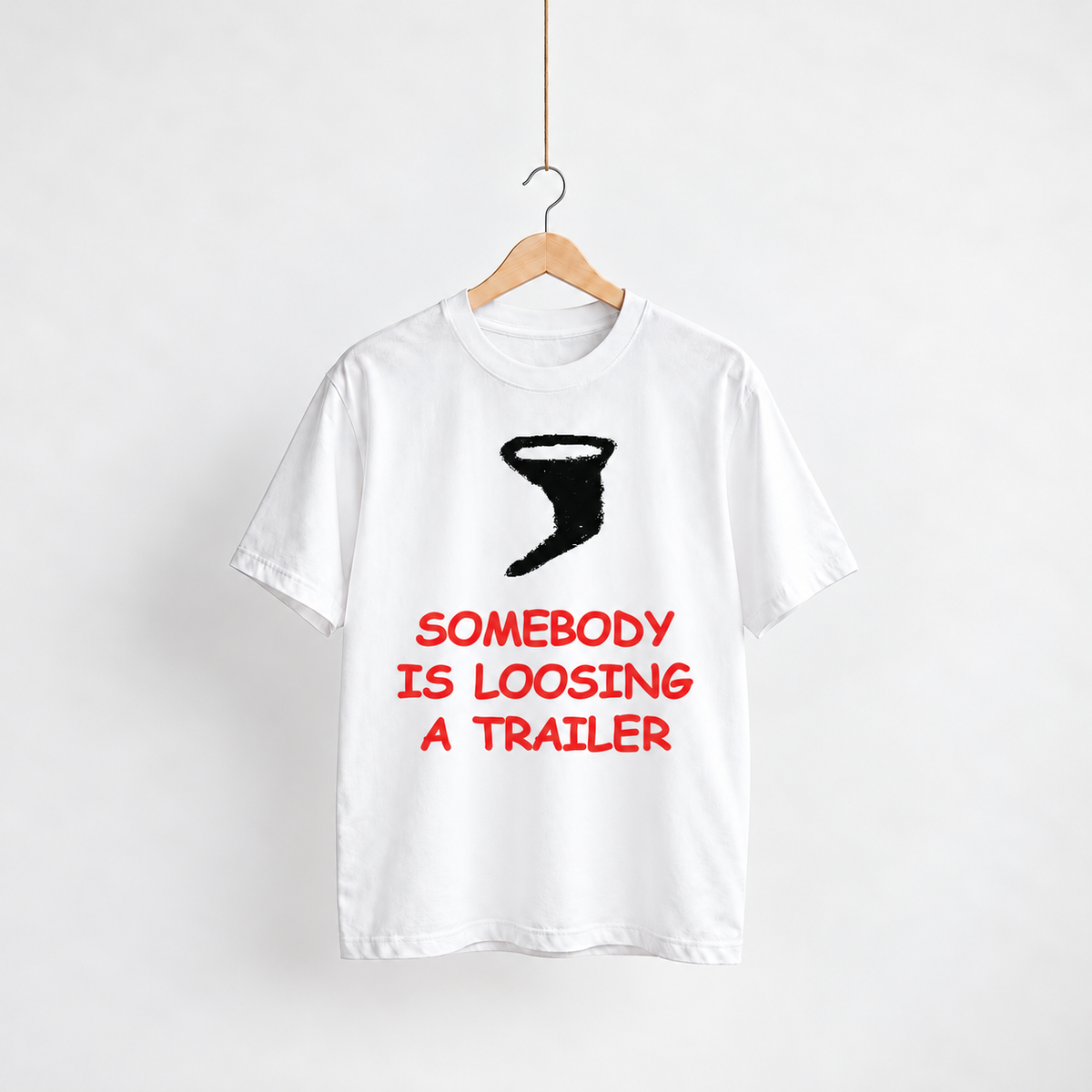 Losing a Trailer white unisex graphic T-shirt — front view on a hanger