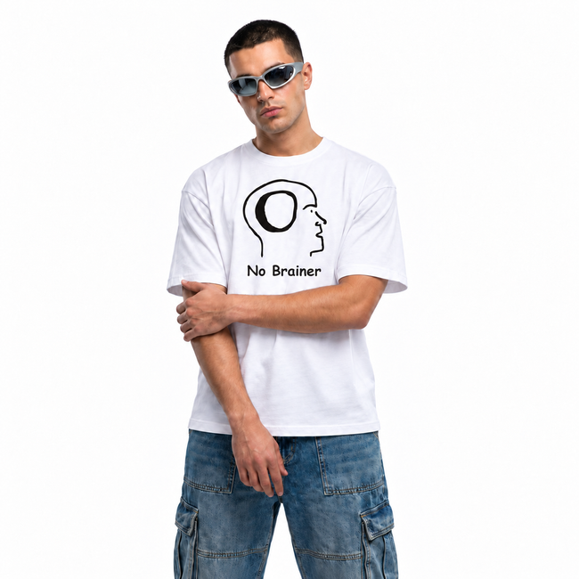 No Brainer white unisex graphic T-shirt — model view