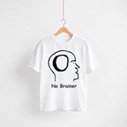 No Brainer white unisex graphic T-shirt — front view on a hanger