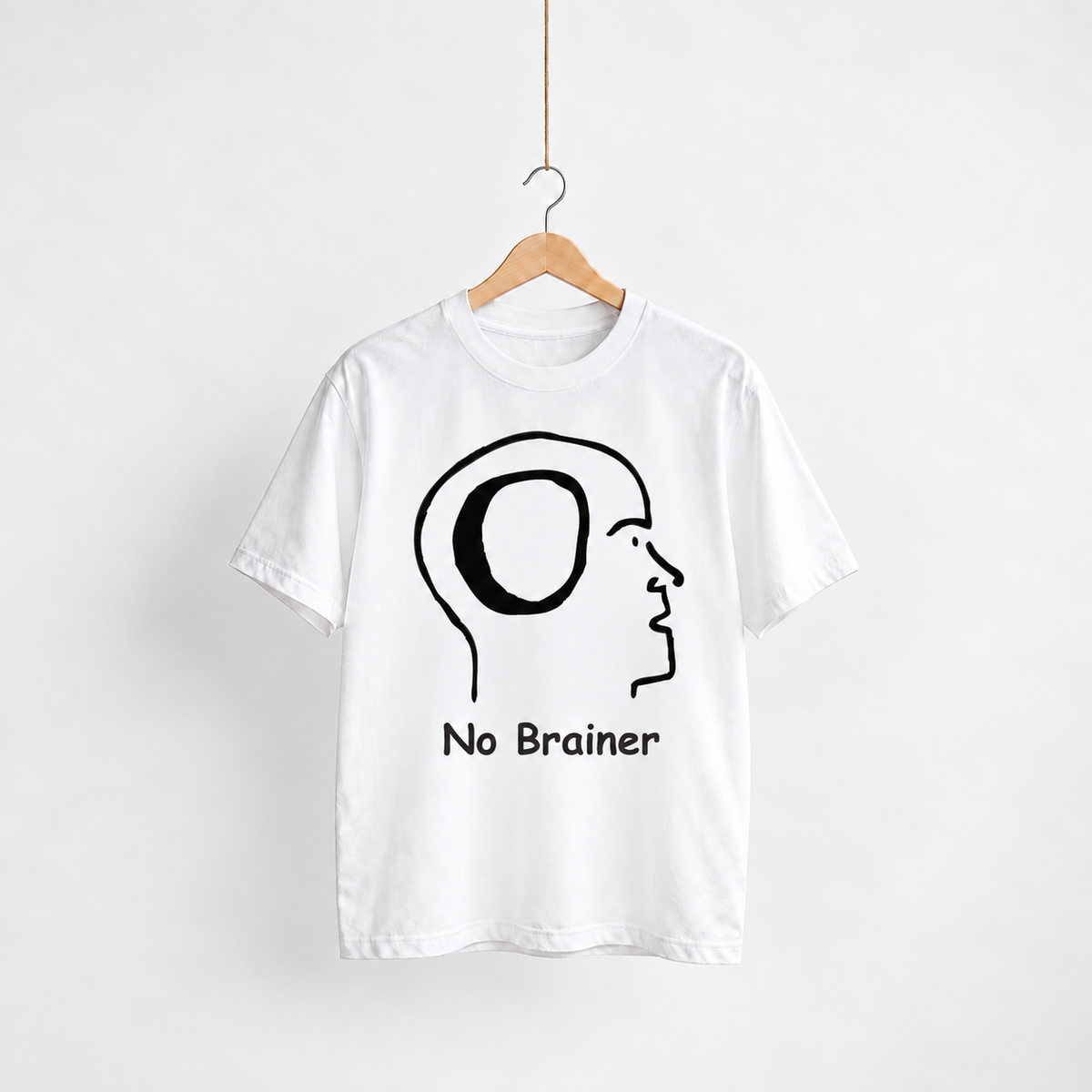 No Brainer white unisex graphic T-shirt — front view on a hanger