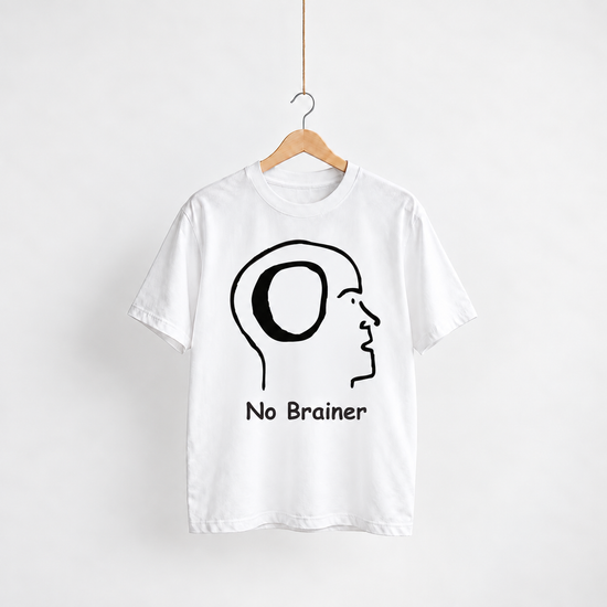 No Brainer white unisex graphic T-shirt — front view on a hanger