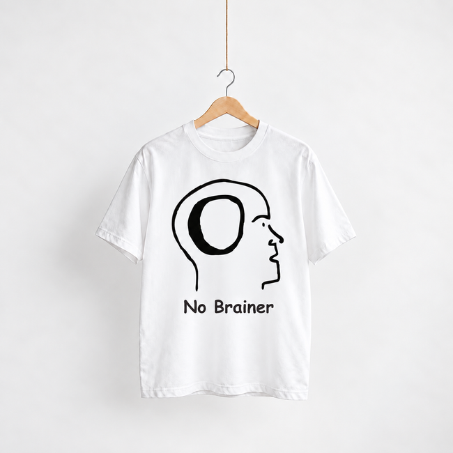 No Brainer white unisex graphic T-shirt — front view on a hanger